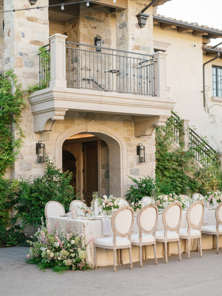 Neutral and light pink toned wedding reception decor with European influence at one of San Diego's best venues Monserate Winery, designed by wedding planner Bryce Gaston Events. 